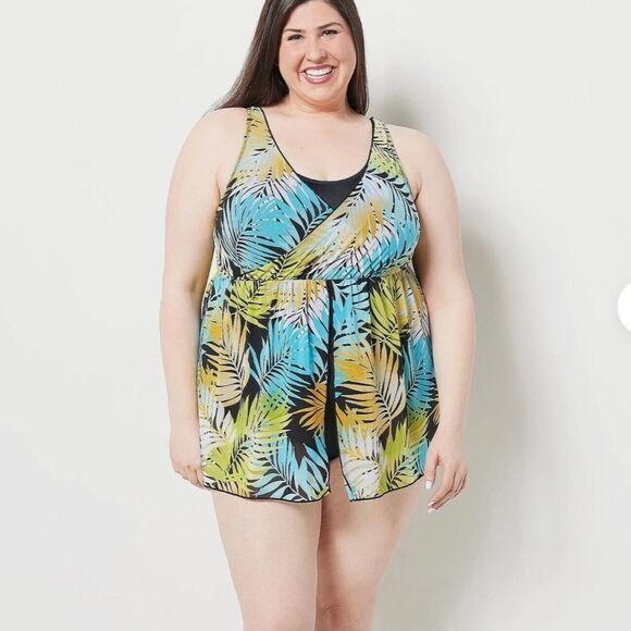 Tropical Leaf Print Denim & Co Beach Swim Dress Sz 8 - Picture 2 of 8